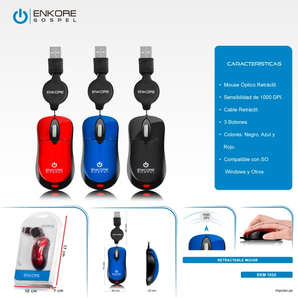 GOSPEL EKM103X MOUSE USB RETRACTIL ENKORE