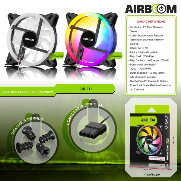 AUREOLA AB111 DOUBLE HALO RAINBOW VENTILADOR PARA CASE GAMER AIRBOOM