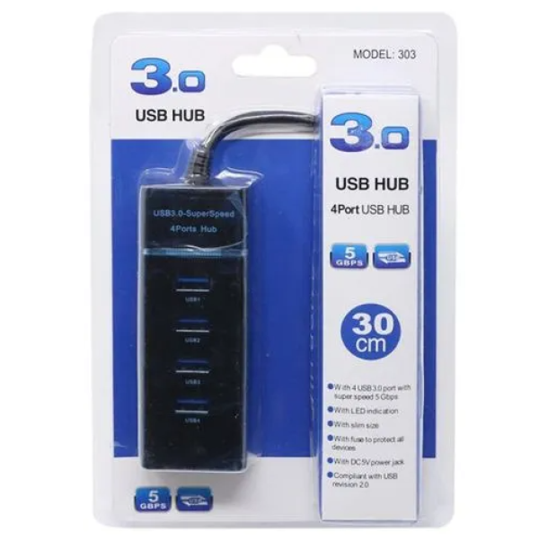 HUB 4 PUERTOS USB 3.0 5GBPS 30 CM INDICADOR LED SUPER SPEED