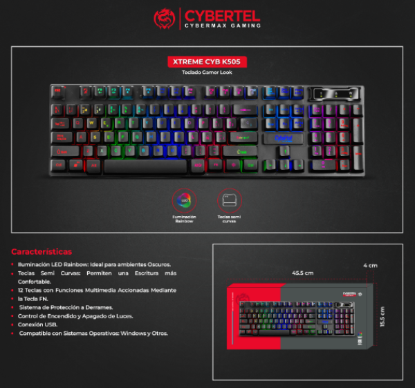 XTREME BLACK CYB K505 TECLADO GAMER USB LED CYBERTEL