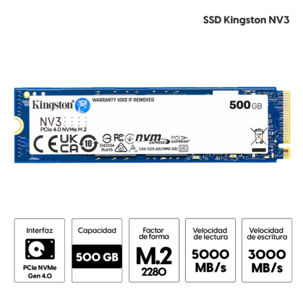 UNIDAD EN ESTADO SOLIDO KINGSTON 500GB NV3 PCIE 4.0 NVME M.2 SSD