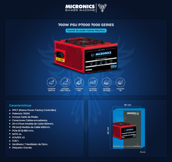 FUENTE DE PODER GAMER ATX 700W REAL PPFC MICRONICS P7000