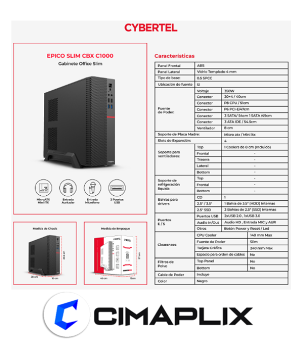 CASE CYBERTEL EPICO SLIM CBX C1000 BLACK RGB CON FUENTE 350W USB 3.0/USB 2.0ALES NEGRO
