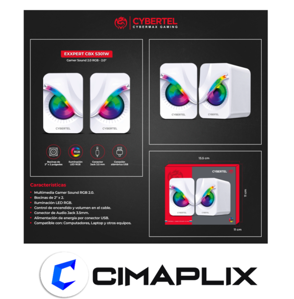 EXXPERT WHITE CBX S301W PARLANTE 2.0 RGB 2" CYBERTEL